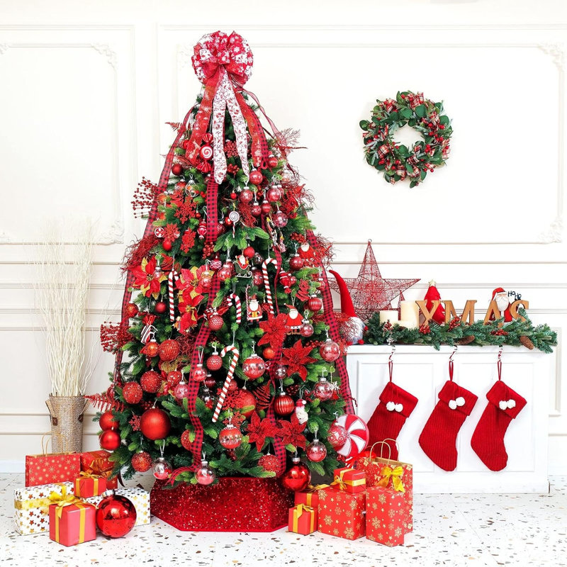 Collier de sapin de Noël à paillettes rouges scintillantes – Housse de pied de sapin de qualité supérieure pour les fêtes