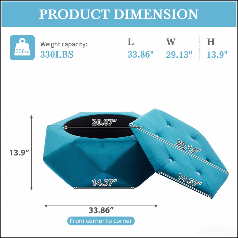 Élégant repose-pieds capitonné avec rangement en velours de diamant Polygon, repose-pieds multifonctionnel et siège pour la maison, rangement pratique et confortable pour le salon et la chambre à coucher