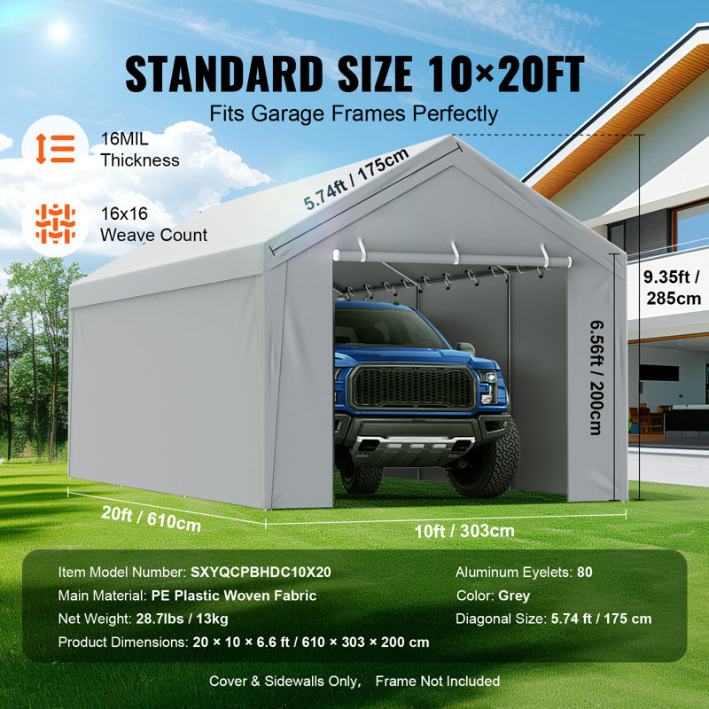 Gray 10' x 20' PE Plastic Carport Replacement Canopy Cover