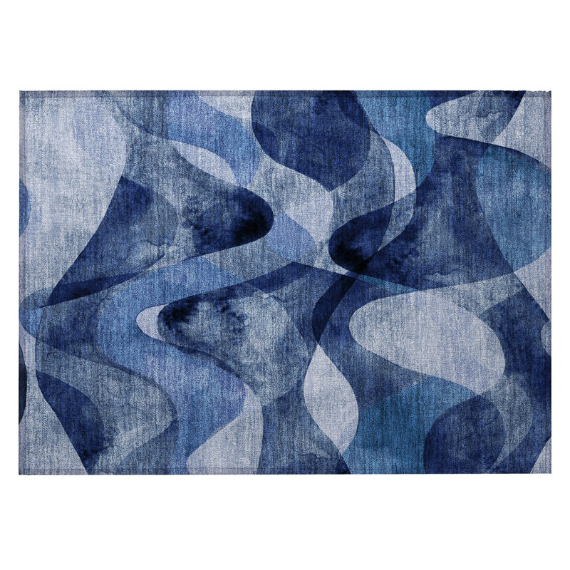 2' X 3' Navy Blue Abstract Washable Non Skid Indoor Outdoor Area Rug