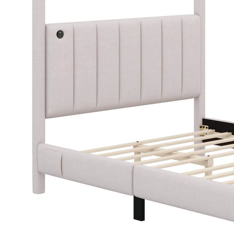 Lit à baldaquin tapissier Hokuto, Double, Beige