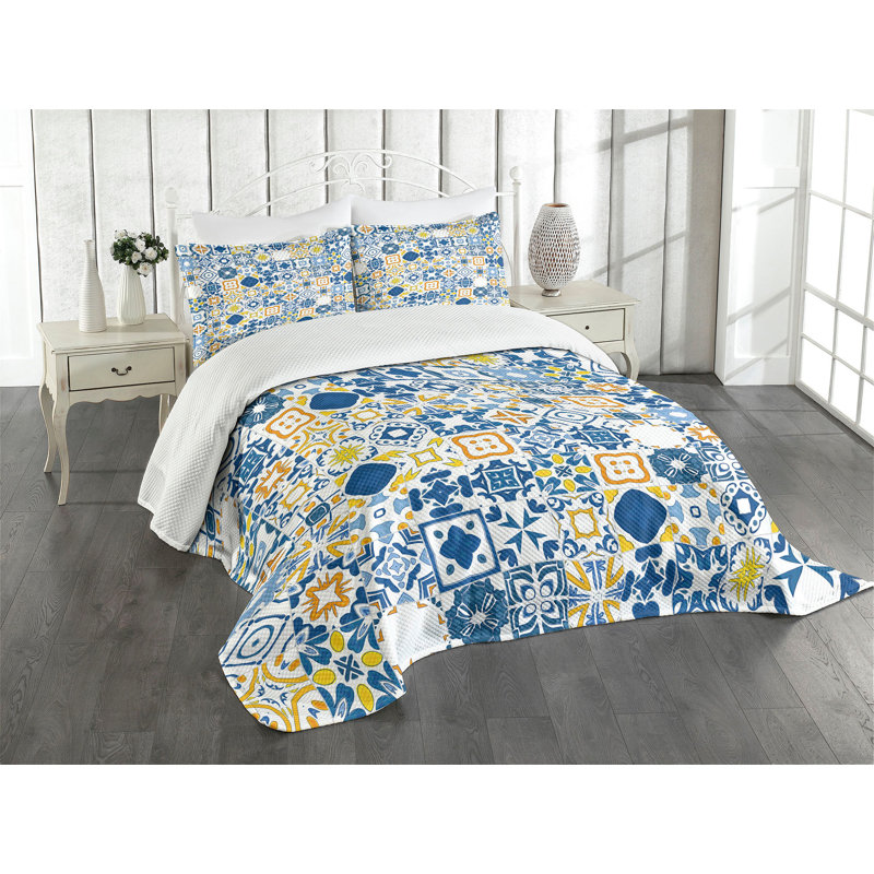 Blue and Mustard Mosaic Queen Quilted Bedspread Set