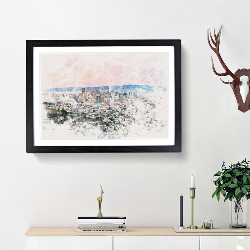 Evening Colours Of San Francisco - Single Picture Frame Painting on MDF, 36cm H x 48cm W x 2cm D, Black Framed
