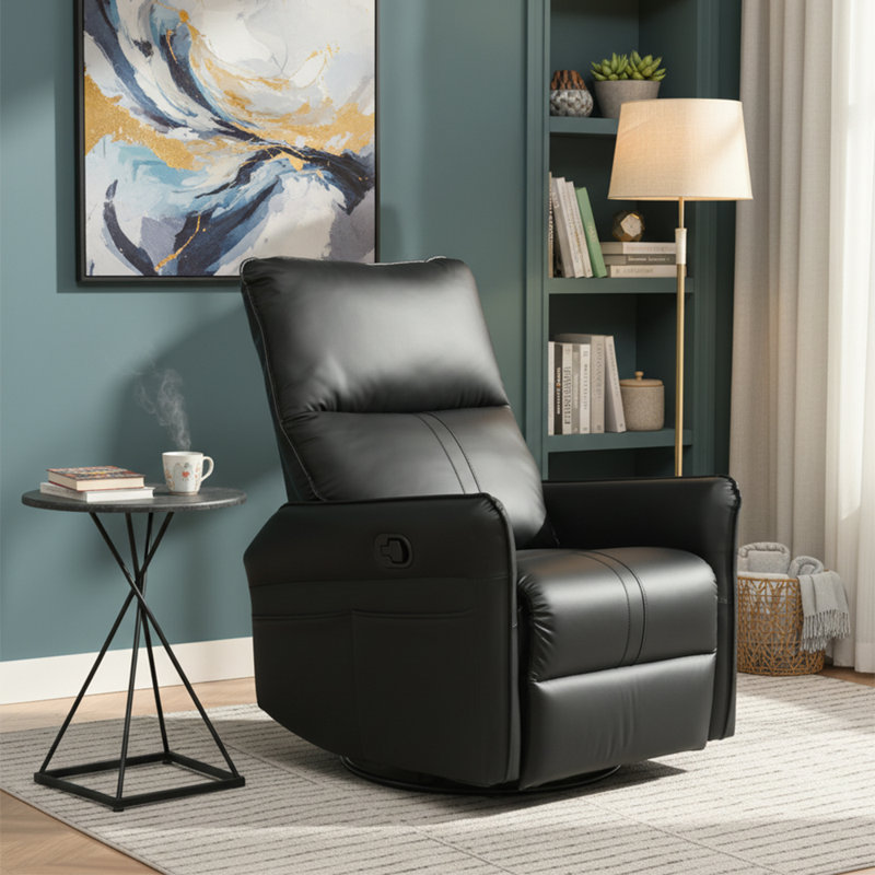 Classic Upholstered Recliner Chair with Rocking and Swivel Base, Black
