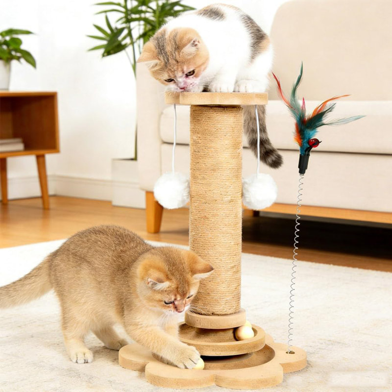 Indoor Cat Scratching Post Tall Sisal Scratch Pole With Pine Base, Interactive Feather & Game Balls For Kittens And Adult Cats