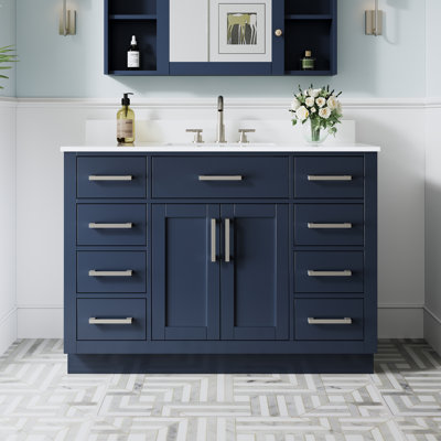 Meuble-lavabo autoportant en bois massif de 48 po x H 35 po avec comptoir en marbre de culture blanc et lavabo simple en céramique, bleu marine