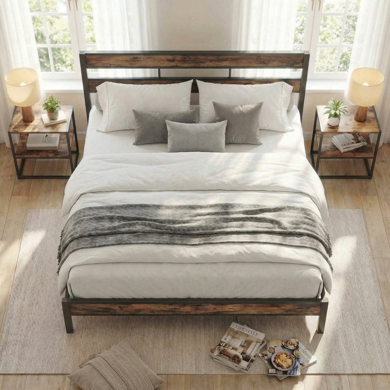 California King Bed Frame with Headboard, Modern Industrial Style with Strong Metal Support, Easy Assembly, No Spring Needed
