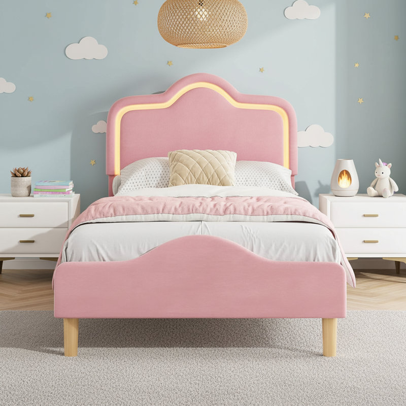 Upholstered Bed Frame with Adjustable Headboard and Footboard, Velvet Princess Platform Bedframe for Kids/Girls, Twin, Pink