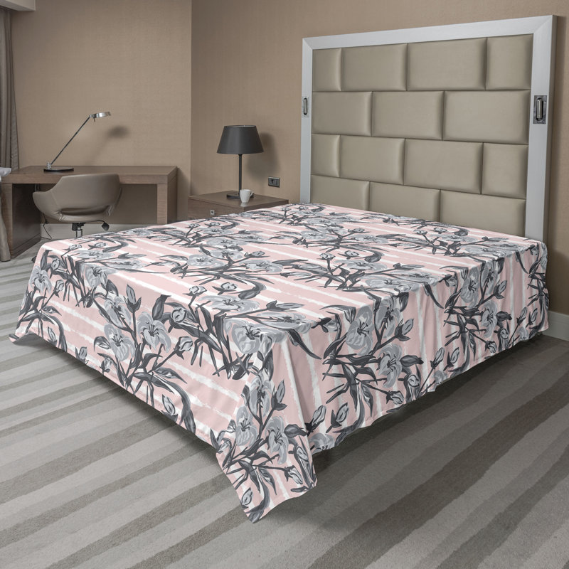 Drap plat Ambesonne, Rose ,gris / floral, Drap plat pour très grand lit californien