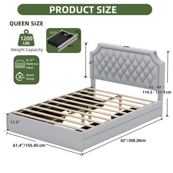 Ebern Designs Linen Upholstered Storage Bed Frame with 4 Drawers ...