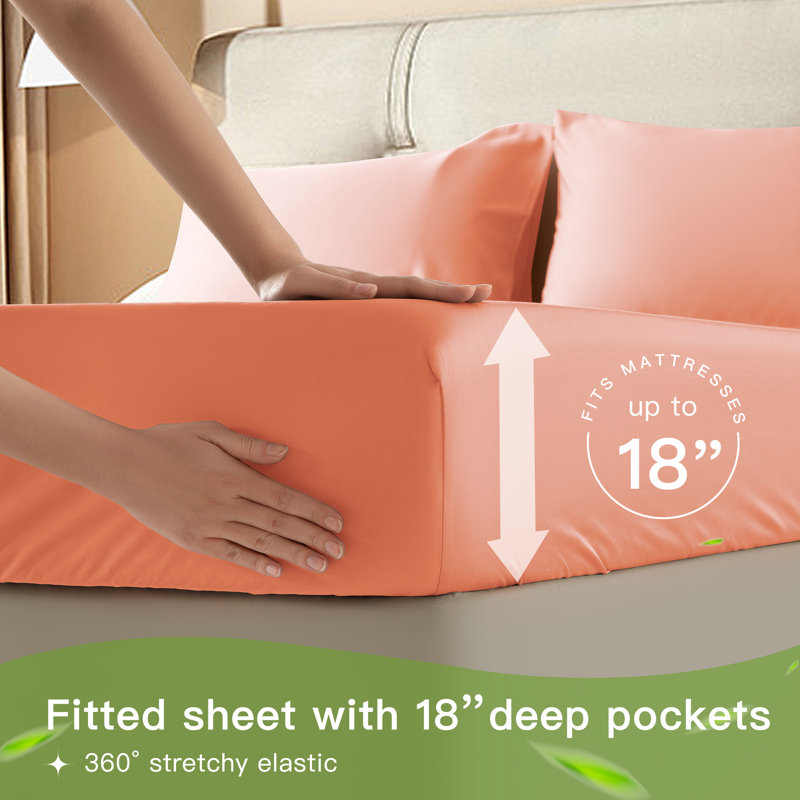 6 Pieces Bamboo Cooling Bed Sheets Set - 16" Deep Pockets, Full Sheet Set + 1 Fitted Sheet + 4 Pillowcases, Coral