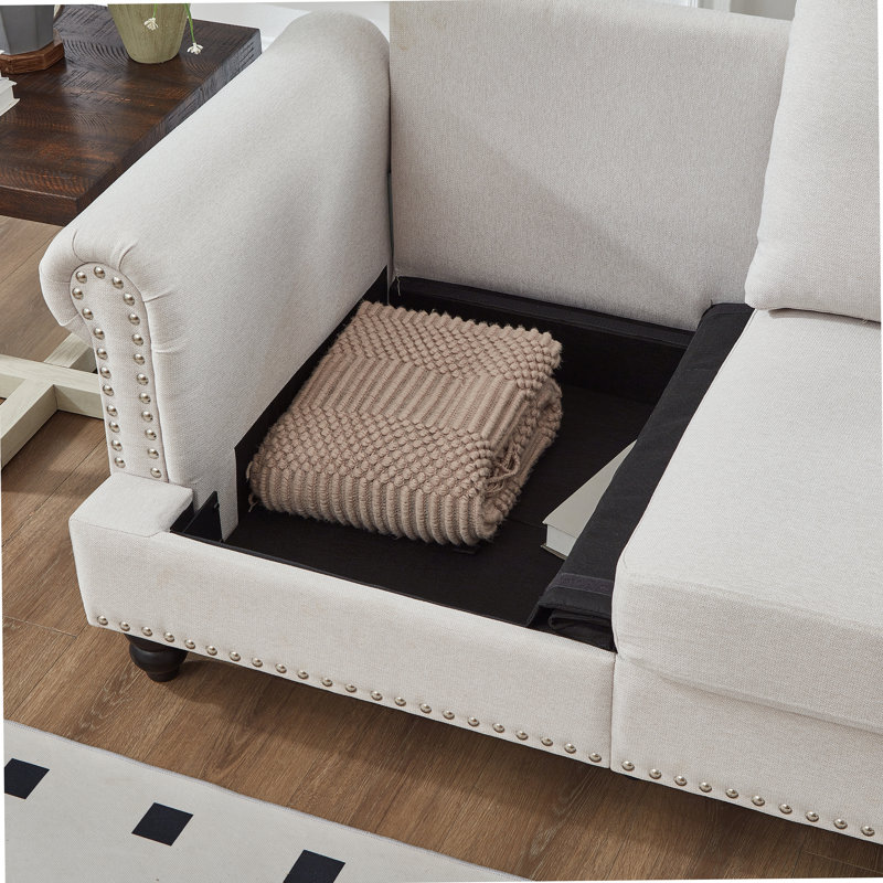 Canapé 3 places moderne de style classique avec clous, Beige Polyester