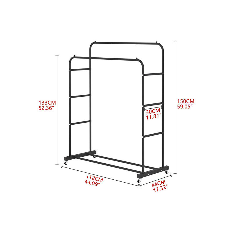 Black Double Rods Portable Clothing Rack with Wheels