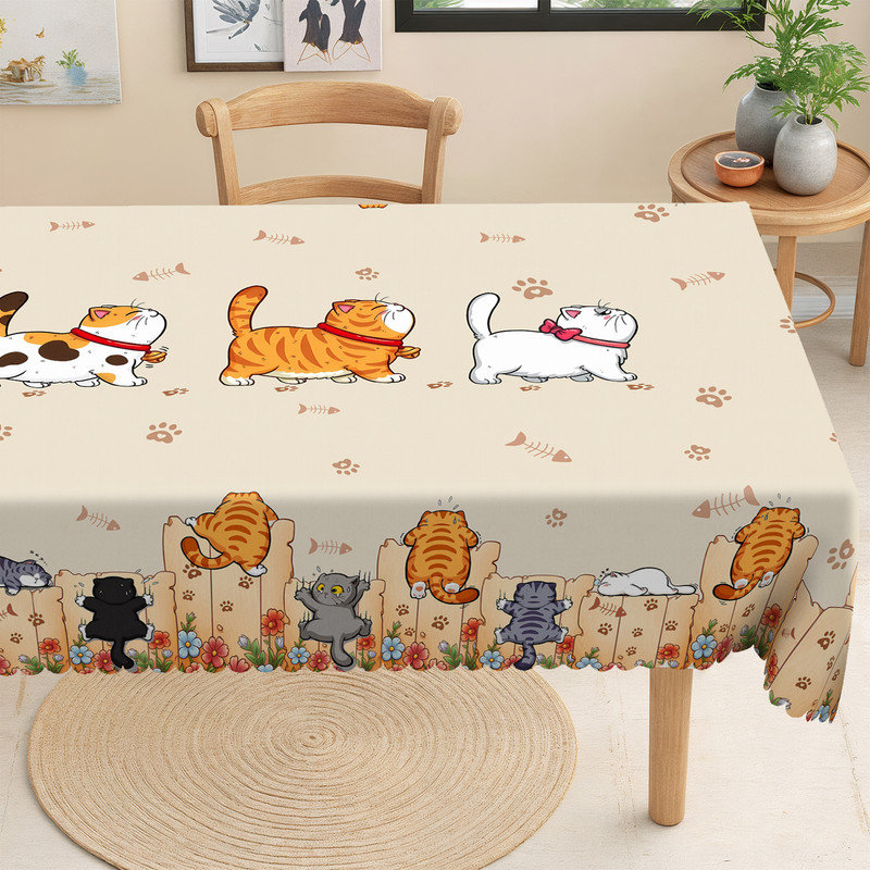 Beige Washable Polyester Tablecloth with Pet Cartoon Cat Design, 86.6" L x 70.8" W
