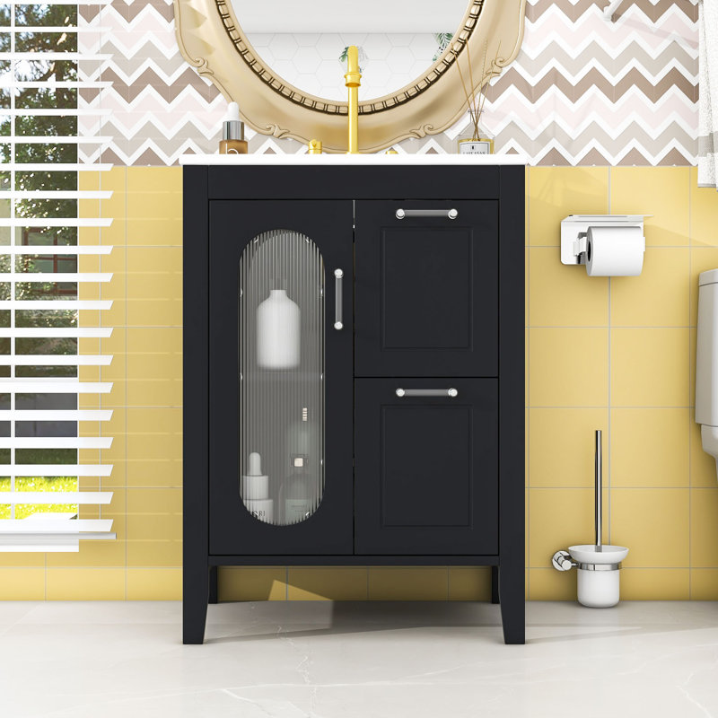 Meuble-lavabo avec deux tiroirs et tablette réglable, Noir