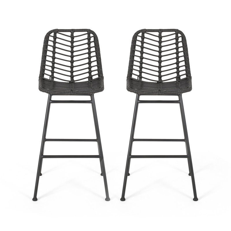 Gray and Black Wicker Outdoor Barstools with Iron Frame, Set of 2
