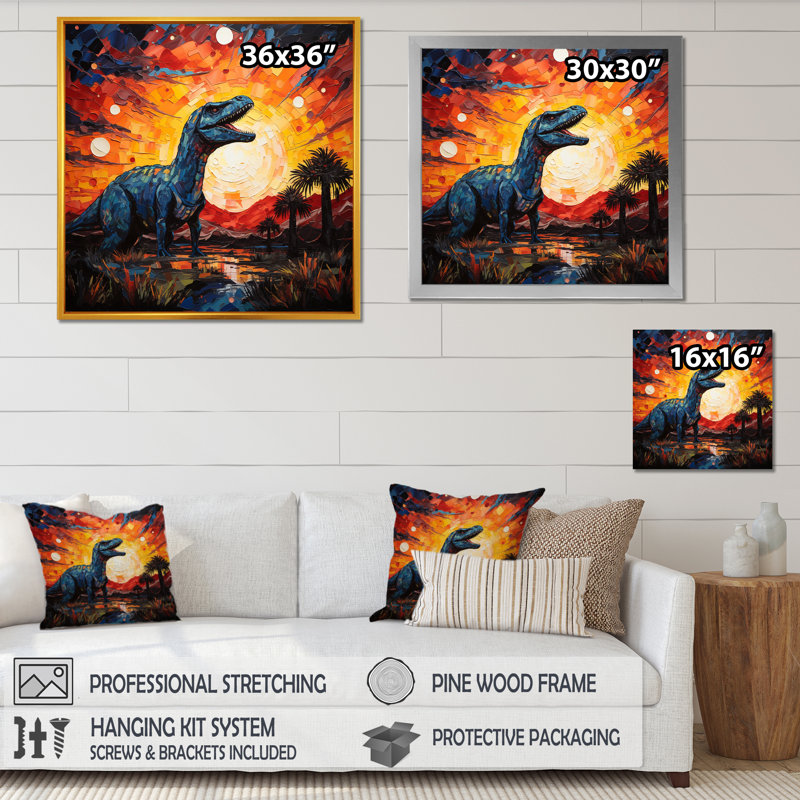 Coucher de soleil de dinosaure rouge et jaune II - art de mur de dinosaure, H 30 po x l 30 po x P 1,5 po, Cadre doré simple