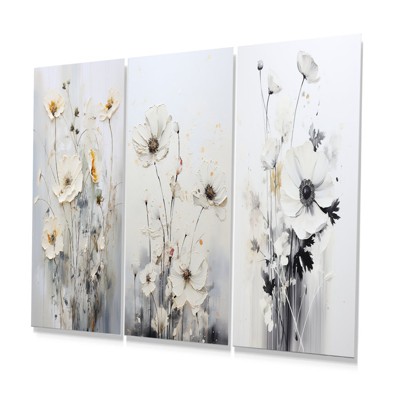 White Wildflowers Floral Fantasy - Wildflowers Metal Wall Art Prints Set Of 3, 28" H x 36" W