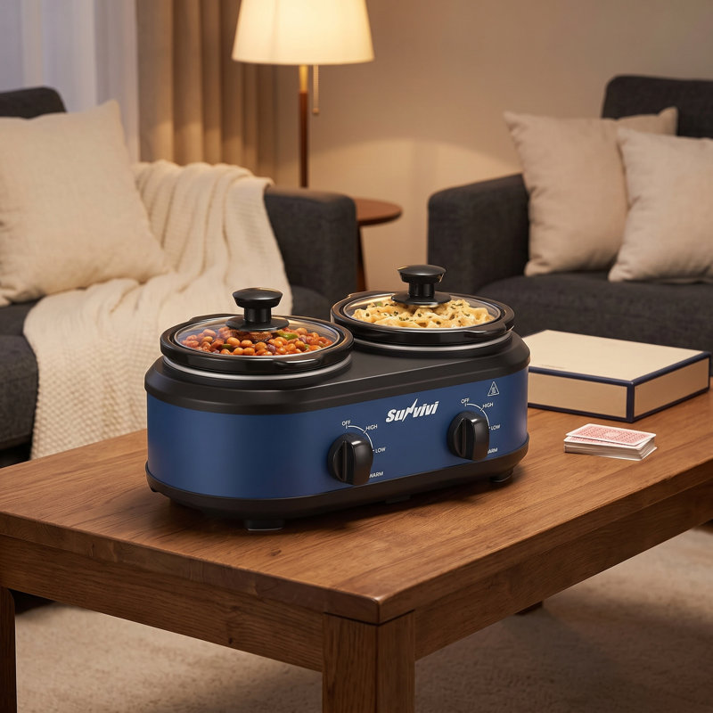 Mijoteuse double de 2,5 litres avec chauffe-plats et 2 récipients amovibles de 1,25 litre, thermostat réglable et couvercles en verre transparent bleu pour la cuisine