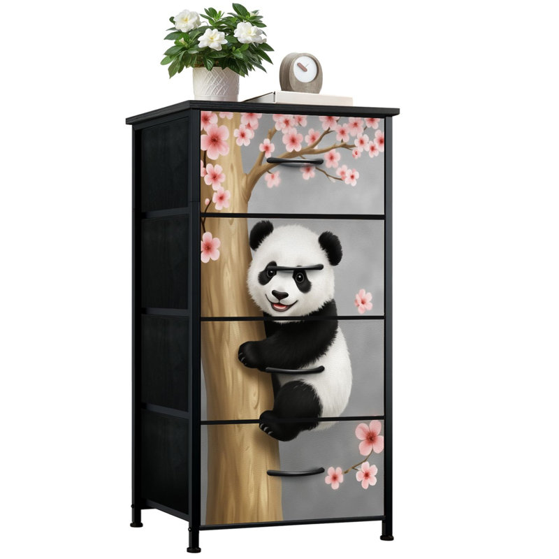Commode rustique pour la chambre à coucher avec 4 tiroirs de rangement Mignon panda qui grimpe aux cerisiers roses Commodes en pastel douces Commode en tissu en acier pour vestibule