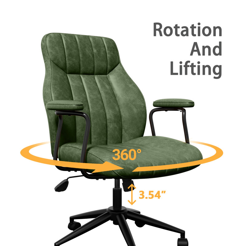 Green Leather Office Desk Chair with Wheels and Arms, Height Adjustable, Vintage, Mid Century Modern Style, Green