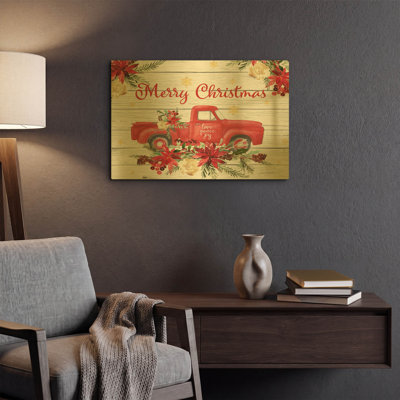 «Red Truck Floral Christmas» par Jean Plout, art mural en métal doré, 24 po x 16 po