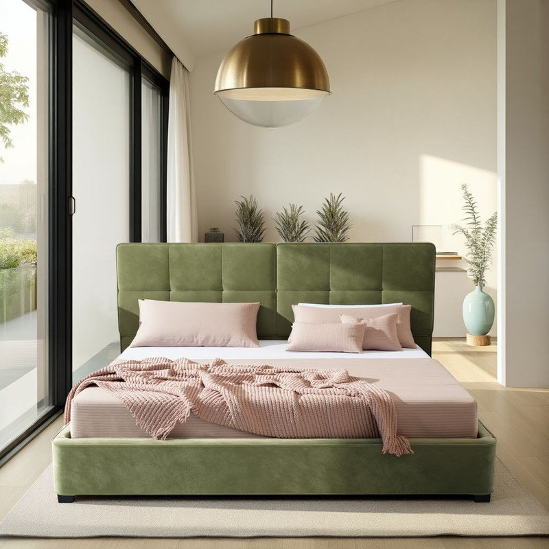 Lit de tête de lit luxueux en velours luxueux, vert olive