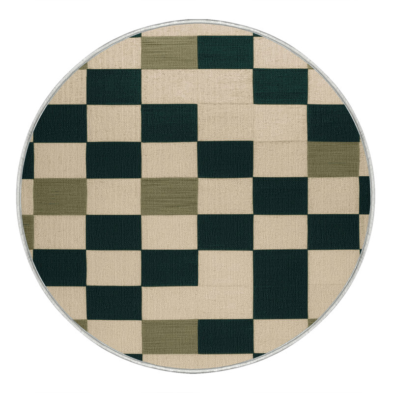 Machine Washable Checkered Beige Area Rug, Round 5'