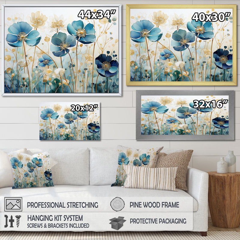 " Blue Botanical Rhythms III ", 12" H x 20" W x 1" D, White Picture Framed