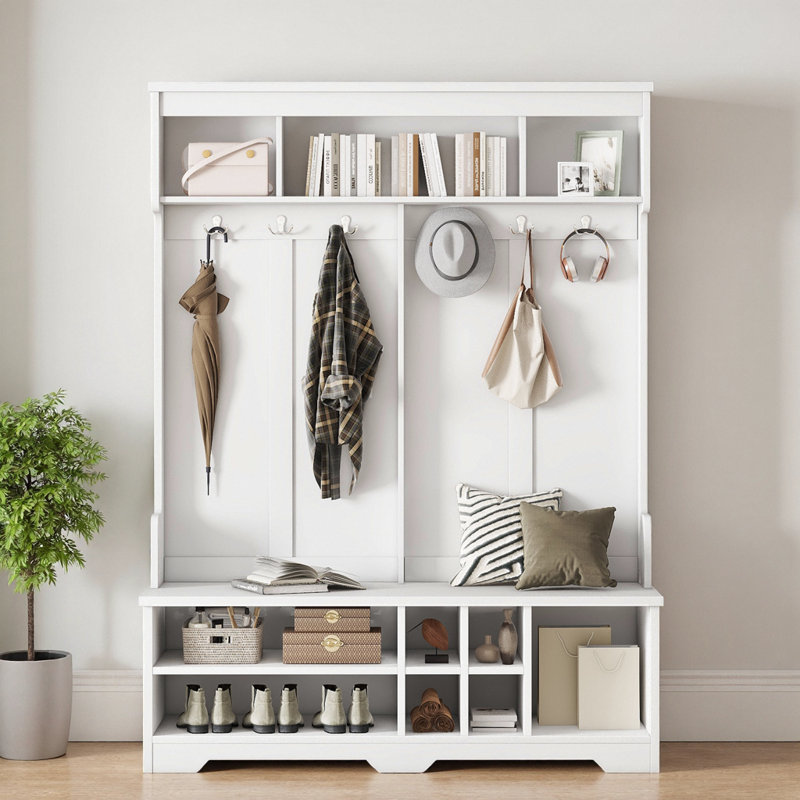 Modern White Hall Tree with Shoe Storage Bench and 6 Metal Hooks, White