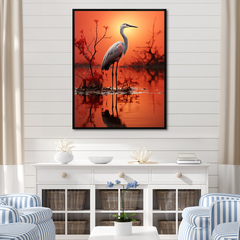 Flamant blanc élégant sur toile, Cadre flottant noir, H 40 po x l 30 po x P 1,5 po