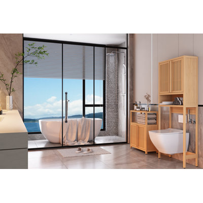 Armoire de rangement autoportante en bambou avec tablettes et portes doubles