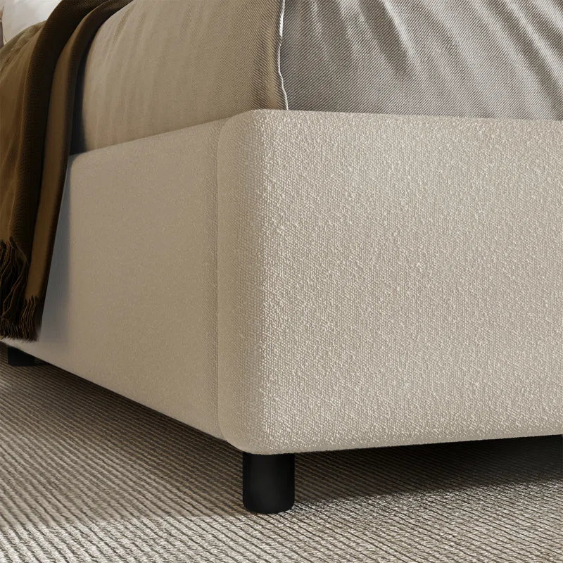 Ensemble de chambre à coucher 3 pièces, avec cadre de lit plateforme tapissier Boucle et base de bois ouverte, White