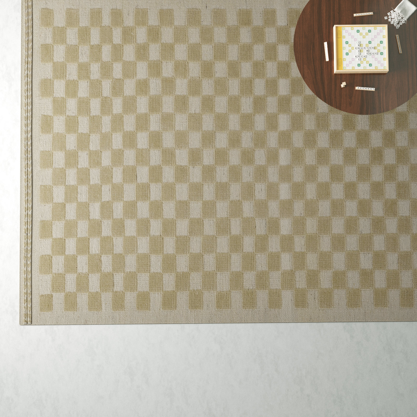 Azle Beige Tan Hand-Woven Checkered Wool Rug, Rectangle 10' x 14'