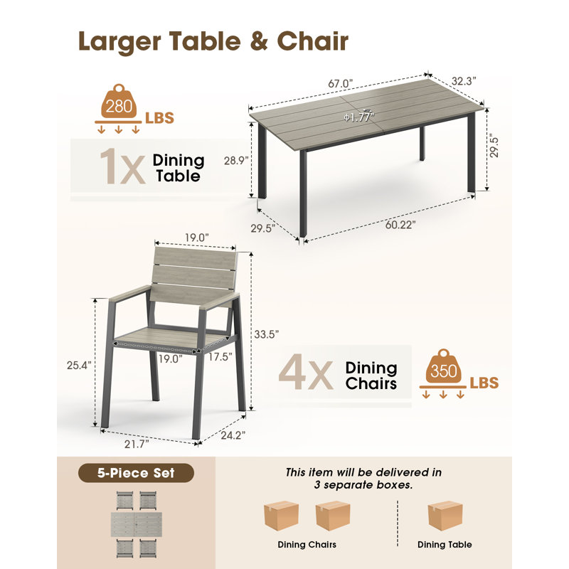 Table de salle à manger d'extérieur rectangulaire en aluminium de 170 cm (67 po) avec plateau en HDPS imitation bois et trou pour parasol