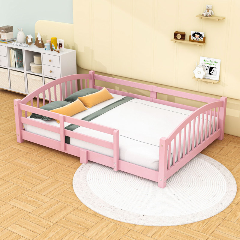 Wood Floor Bed with Safety Guardrails, Full, Pink