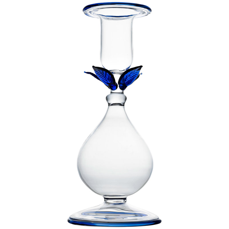 Bougeoir transparent La BoHeme, avec feuilles roses, Bleu