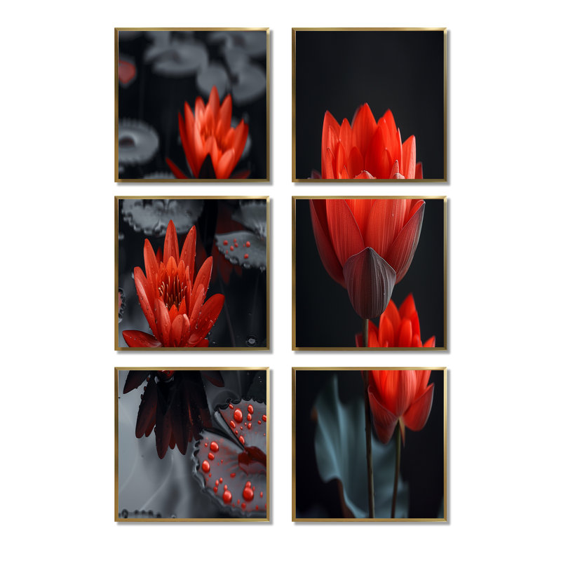 «Romantic Red Monocrhome Lotus Pond», ensemble d'art mural lotus de 6, Impression encadrée sans passe-partout, Doré