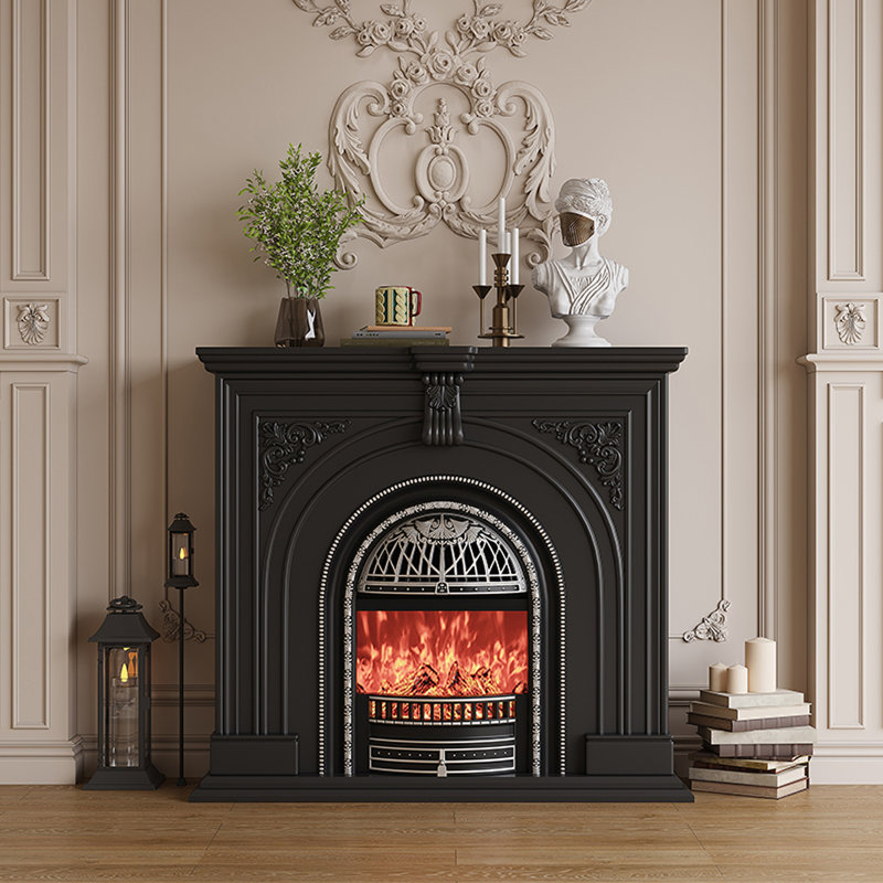 French solid wood decorative simulated flame fireplace, Black, 43.31" H x 43.31" W x 13.78" D