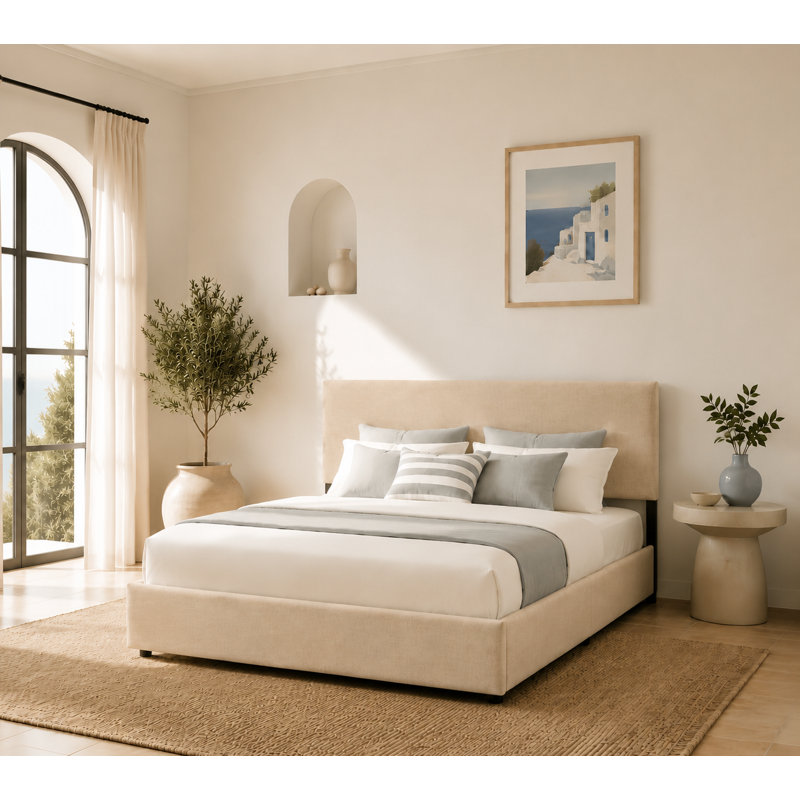 Lit rembourré avec rangement 4 tiroirs, Beige, Grand