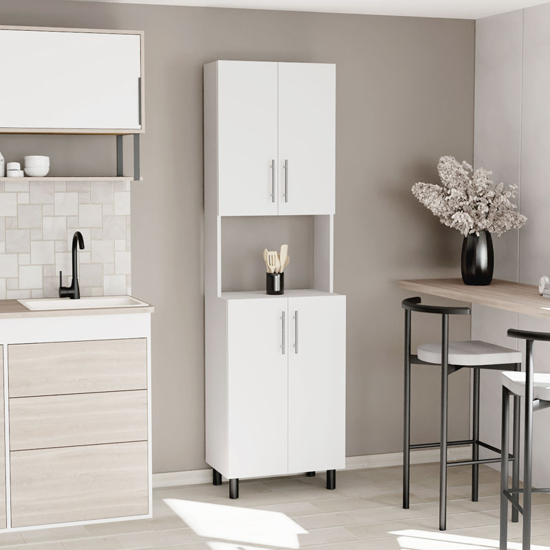 Armoire de cuisine 76,8 po à deux portes et deux portes avec huche, cinq tablettes, micro-ondes et espace de rangement, blanc | Idée cadeau
