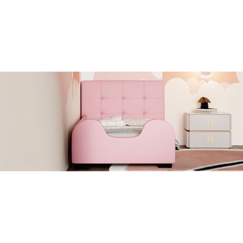 Lit plateforme tapissier simple rose avec garde-corps - look moderne, tête de lit stylée remplie de mousse
