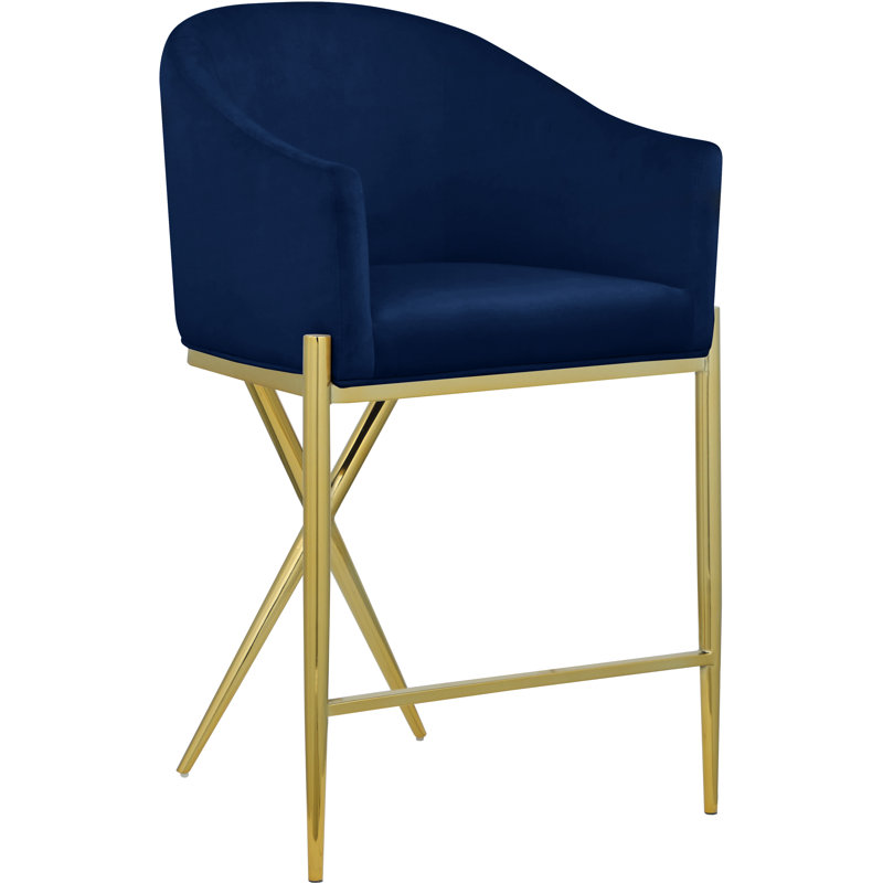 Xavier 26.5" Counter Stool, Navy Velvet, Gold