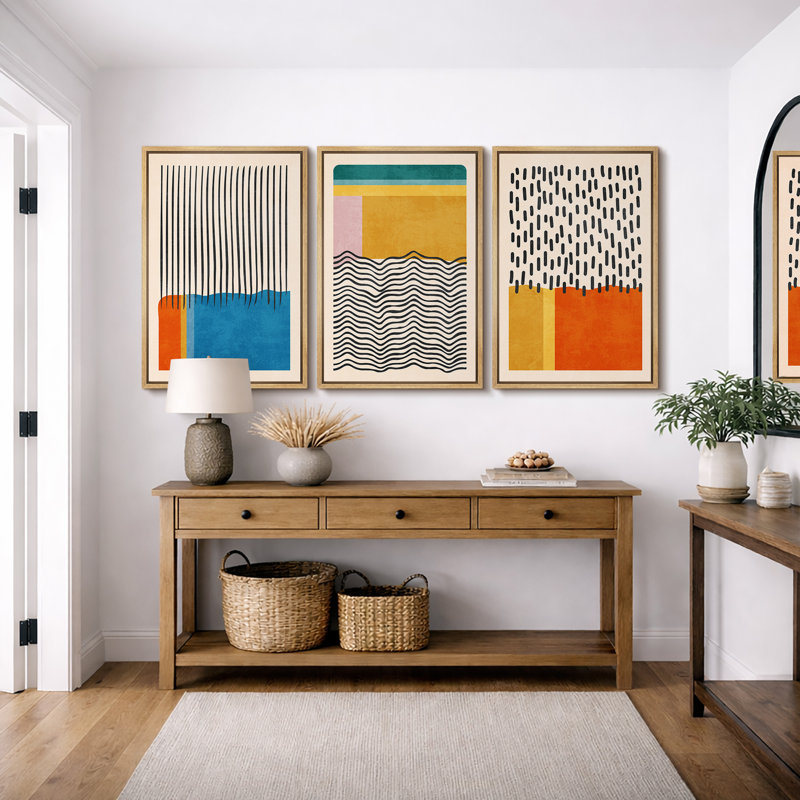 Abstract Vibrant Color Blocks "Mid-century Modern Colorful Blocks Artwork, Multicolor Geometric Wall Pictures, Large Framed Canvas Giclee Print 3 Pieces Wall Art Set"