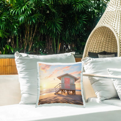 Pink Door Beach Hut Outdoor Printed Pillow, design by LSR Design Studio
