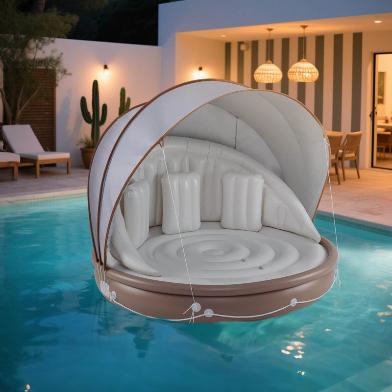 73" Tanning Pool Lounger Float With Retractable & Removable Canopy Spf50+ White
