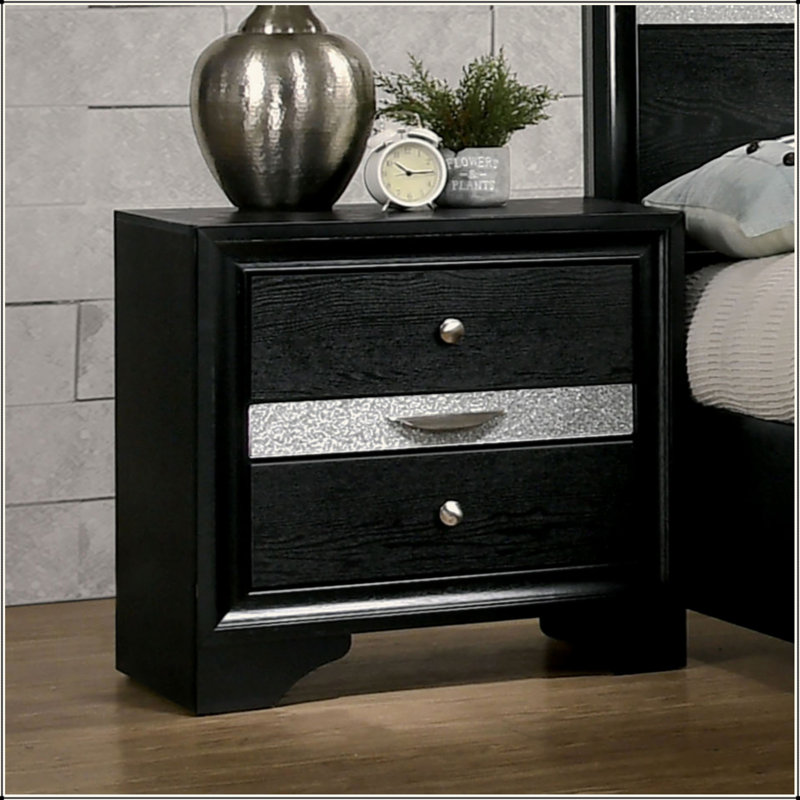 Table de chevet 3 tiroirs en bois avec boutons ronds en étain, Noir