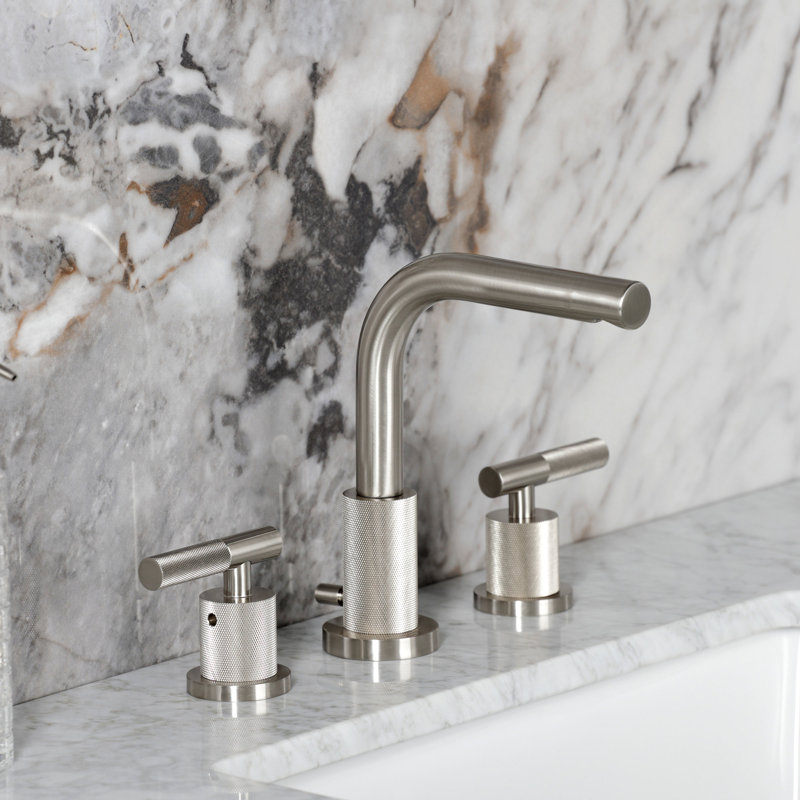 Kingston Brass Convergent Two-Handle 3-Hole Deck Mount Widespread Bathroom Faucet with Knurled Handle and Brass Pop-Up Drain