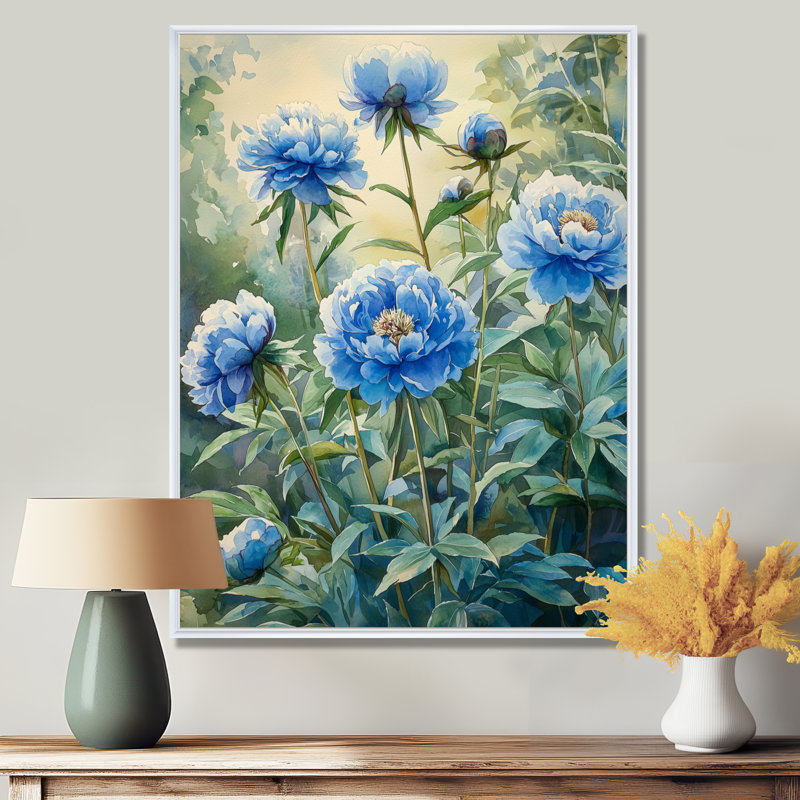 Aqua bleu pivoines dans le jardin III - pivoines, reproduction sur toile, H 44 po x l 34 po, Impression sur cadre flottant