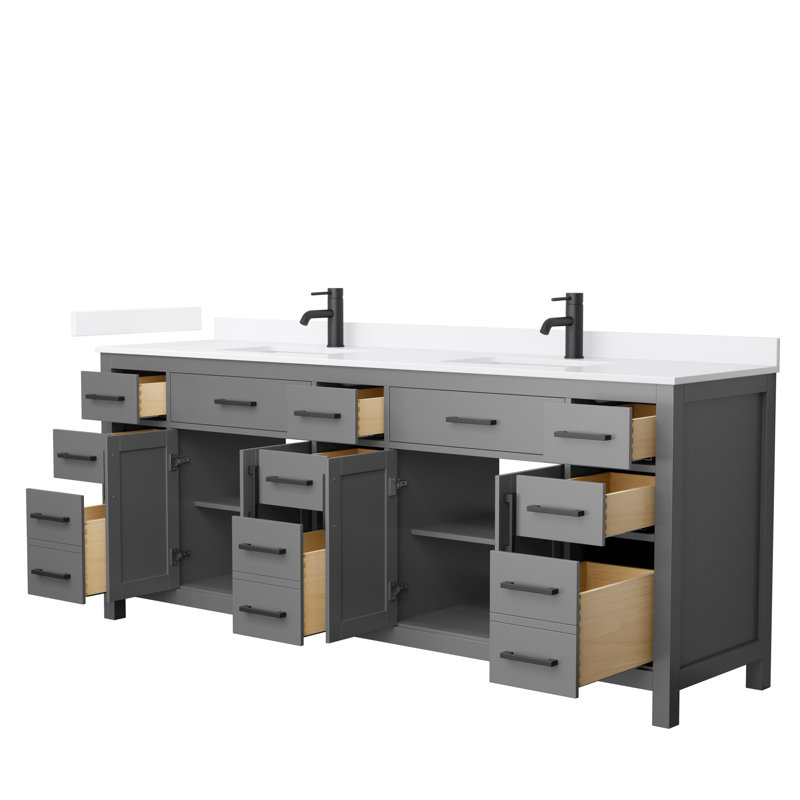 Beckett 84" Freestanding Double Bathroom Vanity with Quartz Top, Dark Gray, Matte Black, White Quartz